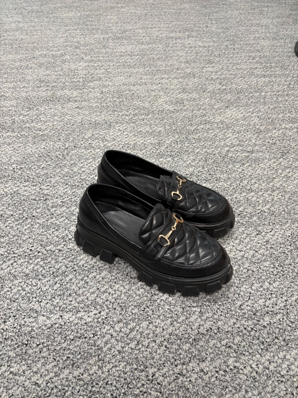 Black Quilted Platform Loafers with Gold Bit Detail - Women